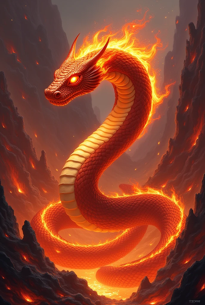 Design a 2D stylized design of 'Viper,' a serpent-like creature of the fire element. Viper should be coiled and ready to strike, with flames emanating from its scales. The background should feature a molten, lava-filled environment with fiery pits and glowing rocks, creating a dangerous and intense atmosphere that highlights the serpent's lethal nature. The scene should be both ominous and captivating, reflecting the danger of the fire element.