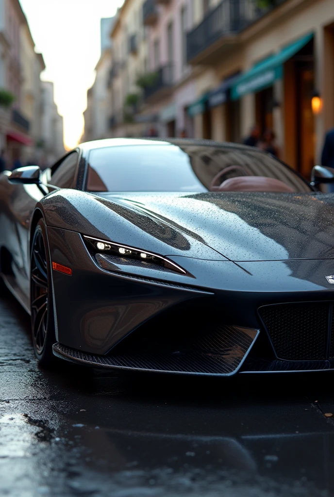 create a photo of a super expensive and very beautiful car on a street, the shine has to make the car beautiful, and the car has to be realistic and has to be a little far away and to the side