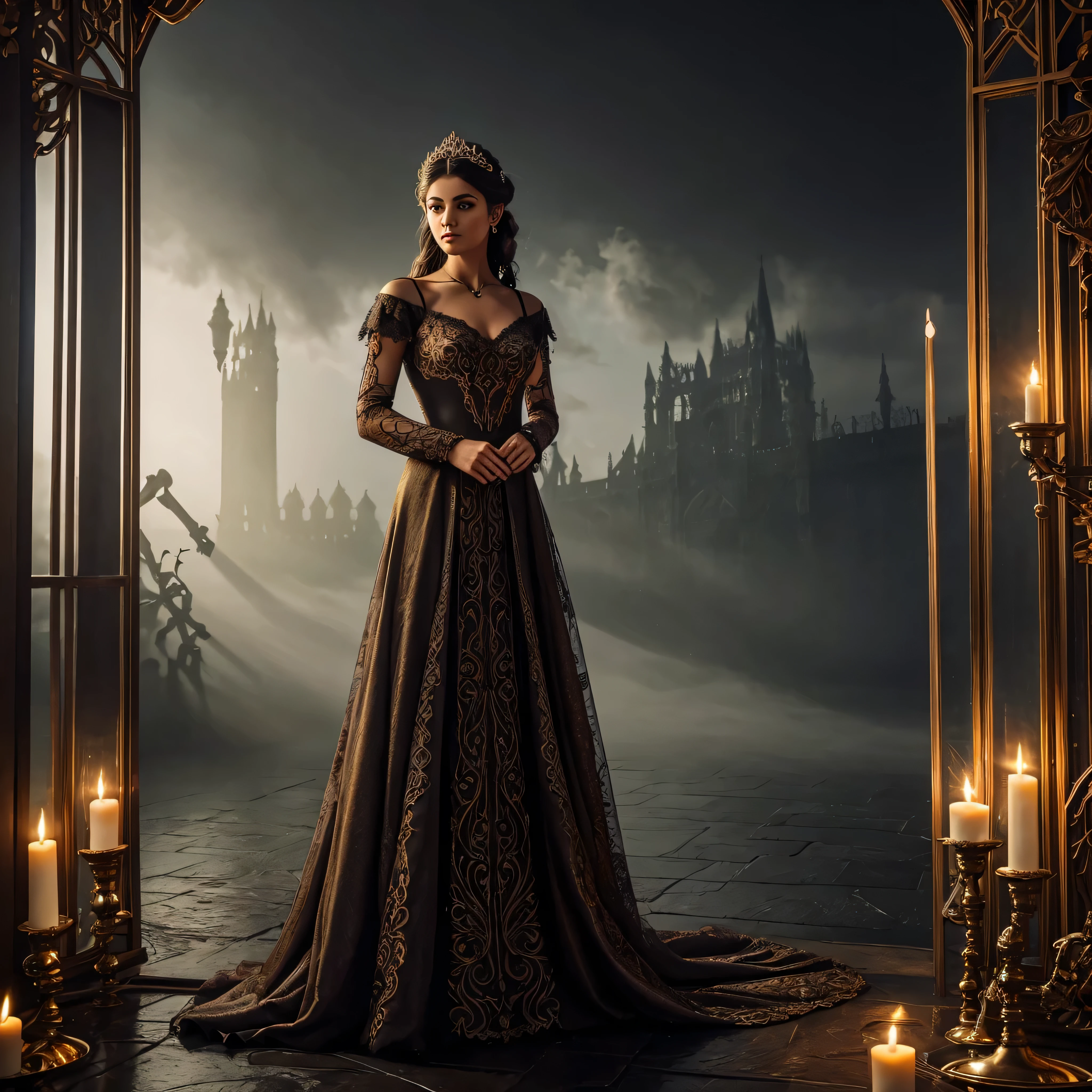 grey slate, sweep elegantly from her head, contrasting beautifully with her flawless complexion. Her pointy ears add to the mystique, while her flowing, intricate lace hairstyle features circular floral patterns interwoven with red chrysanthemum. She wears dark embroidered Gothic attire, exuding power and otherworldliness. Against a rust-hued background, she stands out in a softly lit workshop filled with vibrant fabrics and mystical tools, as if conjuring magic from the very air itself.
Steps The unearthly radiance casts an eerie glow, illuminating wispy tendrils of fog that add texture to the scene. As she surveys her surroundings with introspectiv complex, , a skeleton on a dungen chained up to a cross, on the wall are , illustration fractal filigree red/gold and silver, soft golden and silver shimmer reflection rainy glass bubble water or elastic glass-like material, Mysterious ,more saturation