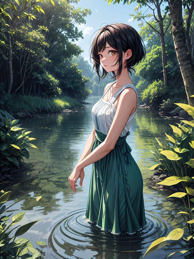 Vibrant, animated style image featuring a young woman with short, dark hair and fair skin standing waist-deep in a serene river. The water reflects the clear blue sky and surrounding lush green trees, creating a tranquil atmosphere. The woman is wearing a sleeveless, orange dress, and her expression is calm and contemplative as she looks over her shoulder. The sunlight filters through the trees, casting dappled light on the water and the woman's face. The overall composition is balanced, with the natural elements and the character harmoniously integrated into the scene.