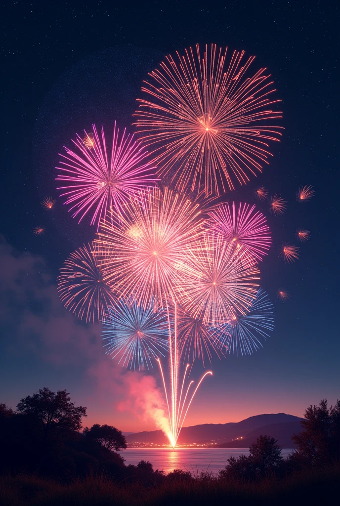 Landscape view: Fireworks in the night sky