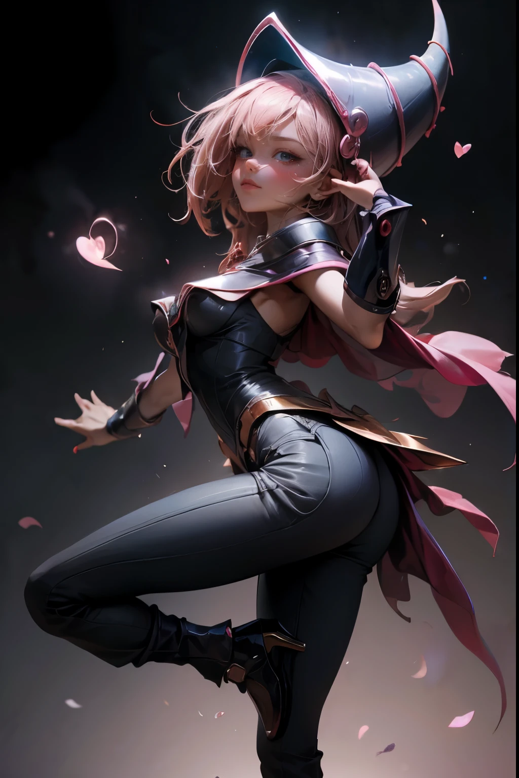 dark magician gils, with high-heels. Pants, sexy, Subjective and sensual pose, standing showing her butt. Her red thong is falling out.. magic background. Magical heart in the air. magic circle