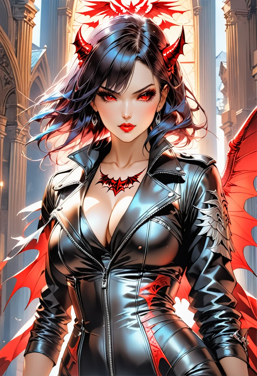 a comic fantasy art of a female devil wearing black leather jacket that has "Devil's Angel" written on it ((full body: 1.5)), exotic beautiful female devil((anatomically correct: 1.5), (ultra detailed face: 1.2), best detailed face, busty, black bat wings,  ((black leather jacket: 1.5)), intricate leather jacket, loose leather jacket, glam leather jacket,  has (("Devil's Angel" written on it: 1.5), wearing silk dress, (dynamic color dress)), wearing high heeled boots, catholic church background, vibrant, Hyperrealism style, vibrant, Ultra-high resolution, High Contrast, (masterpiece:1.5), highest quality, Best aesthetics), best details, best quality, highres, ultra wide angle, 16k, [ultra detailed], masterpiece, best quality, (extremely detailed) RAW, NRART