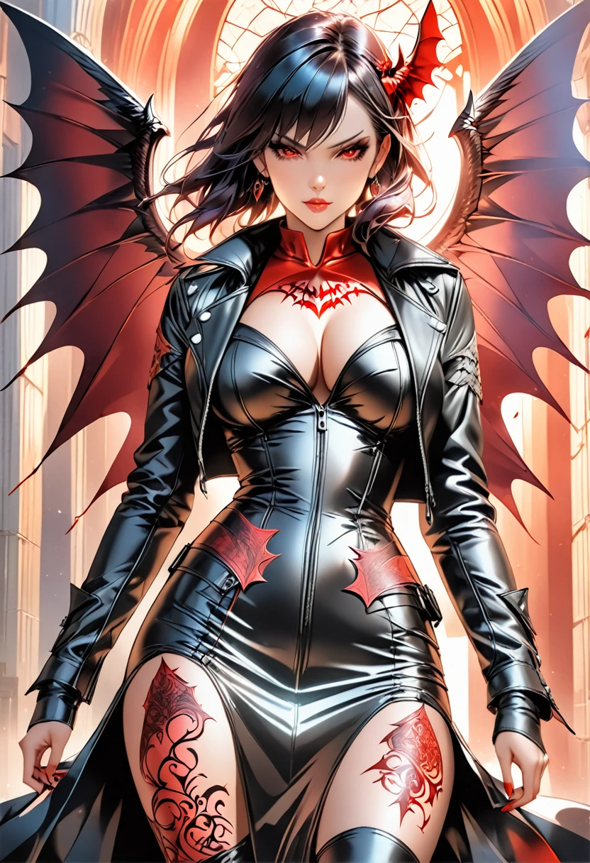 a comic fantasy art of a female devil wearing black leather jacket that has "Devil's Angel" written on it ((full body: 1.5)), exotic beautiful female devil((anatomically correct: 1.5), (ultra detailed face: 1.2), best detailed face, busty, black bat wings,  ((black leather jacket: 1.5)), intricate leather jacket, loose leather jacket, glam leather jacket,  has (("Devil's Angel" written on it: 1.5), wearing silk dress, (dynamic color dress)), wearing high heeled boots, catholic church background, vibrant, Hyperrealism style, vibrant, Ultra-high resolution, High Contrast, (masterpiece:1.5), highest quality, Best aesthetics), best details, best quality, highres, ultra wide angle, 16k, [ultra detailed], masterpiece, best quality, (extremely detailed) RAW, NRART