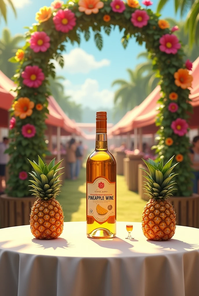 A display table, with a white tablecloth, at a fair with pineapple wine and two pineapples, one on each side of the wine., with an arch decorated with tropical flowers