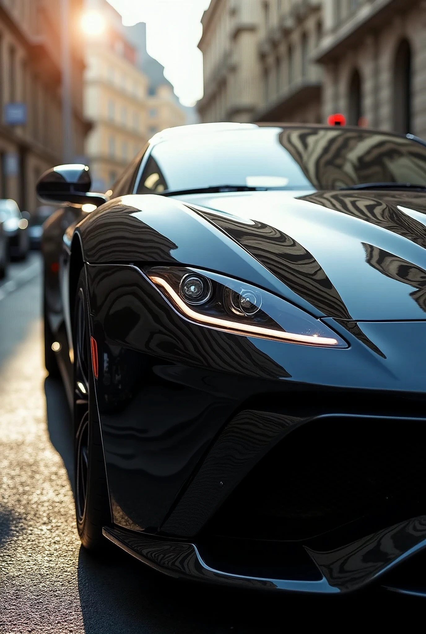 create a photo of a super expensive and very beautiful car on a street, the shine has to make the car beautiful, and the car has to be realistic and has to be a little far away and to the side