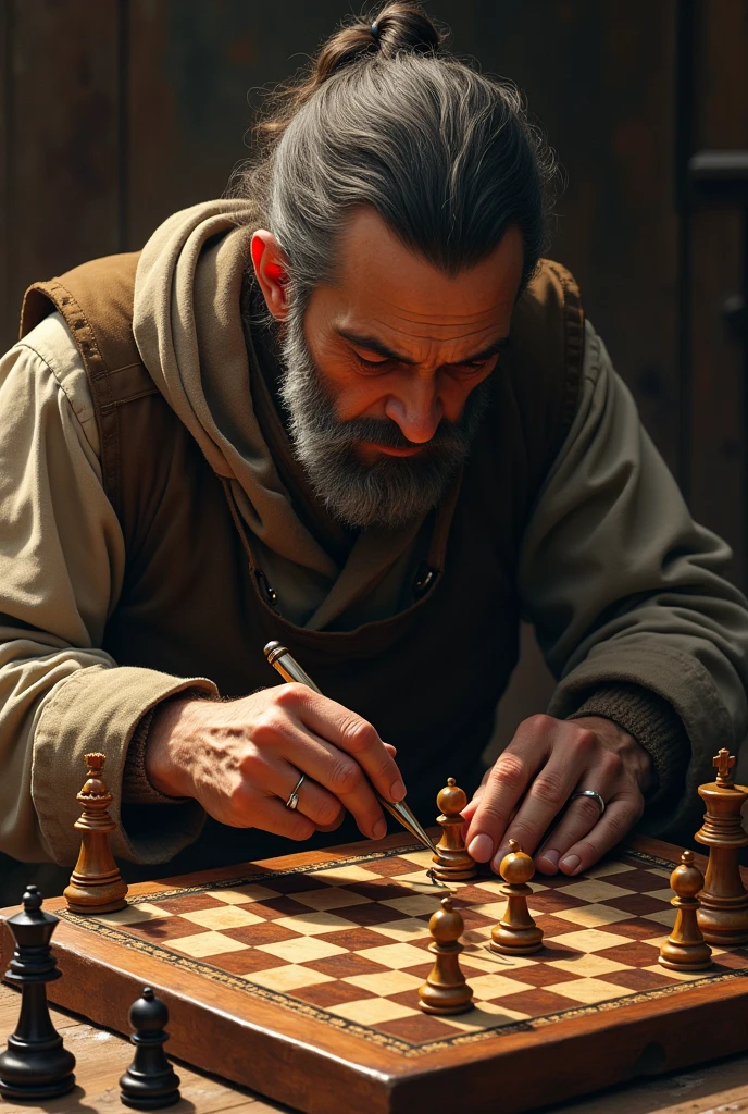  "A craftsman from antiquity, with tools in hand, focuses on precisely carving a chess piece, while next to it is a hardwood board, with the other pieces already carved, waiting to be joined in a strategic battle of wits and skill. The contrast between the creation in progress and the finished board invites us to imagine the brilliant mind of the craftsman., capable of giving life to a game that will challenge the wise for centuries."