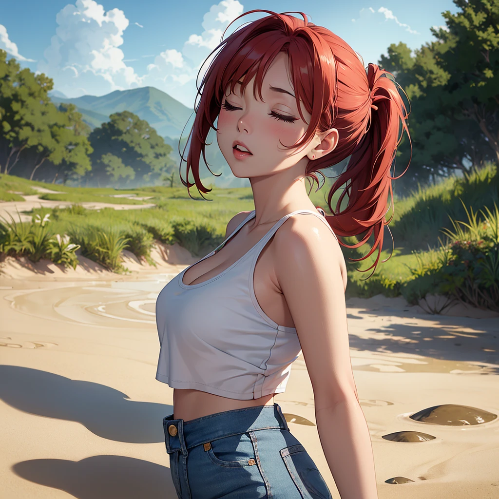 1girl, solo:1.5, masterpiece, best quality, high res, highly detailed, (illustration), beautiful detailed eyes, yuigahama yui, red hair ponytail, glossy lips, light makeup, orgasm, (looking up to the sky:1.5), intimate moment, white tank top, denim jean bottoms, cleavage, (quicksand:1.4), (from side:1.4), bog, swampy, grassy, (eyes closed:1.3), gasping