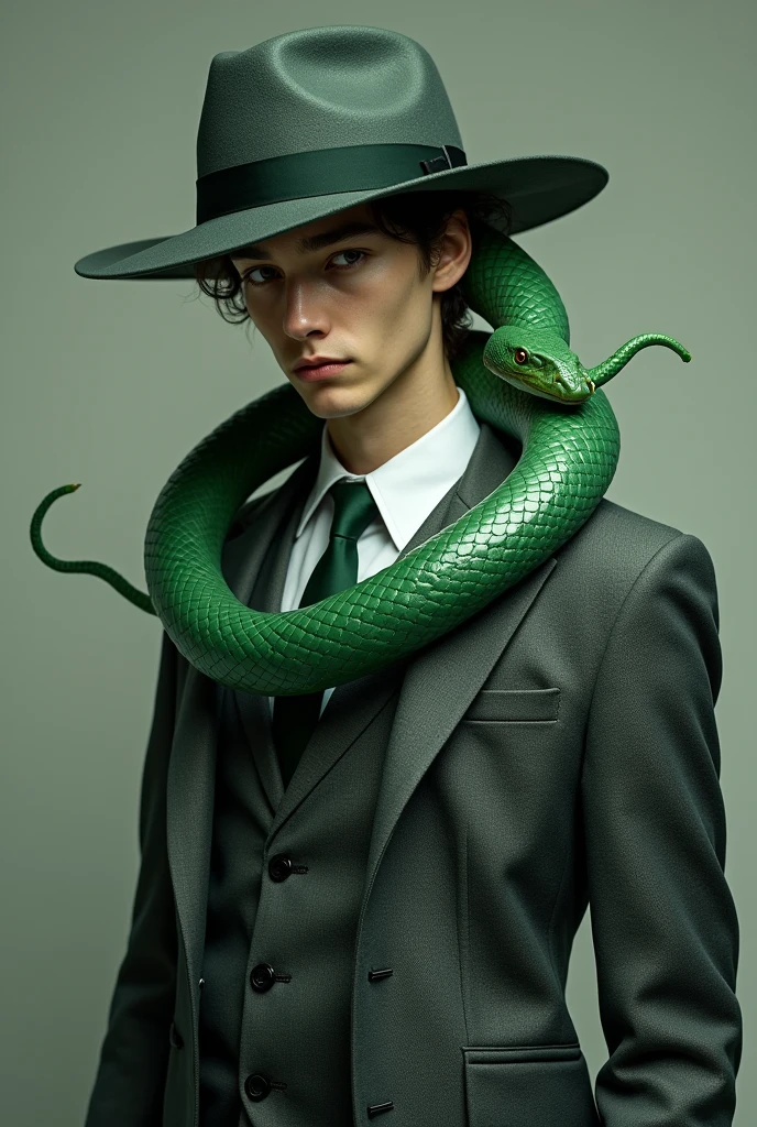 Young man in grey and dark green suit ,green hair made of snakes and hidden under a hat and gloves on his hands, snakes only in their hair not on their body, the snakes hidden in his hat