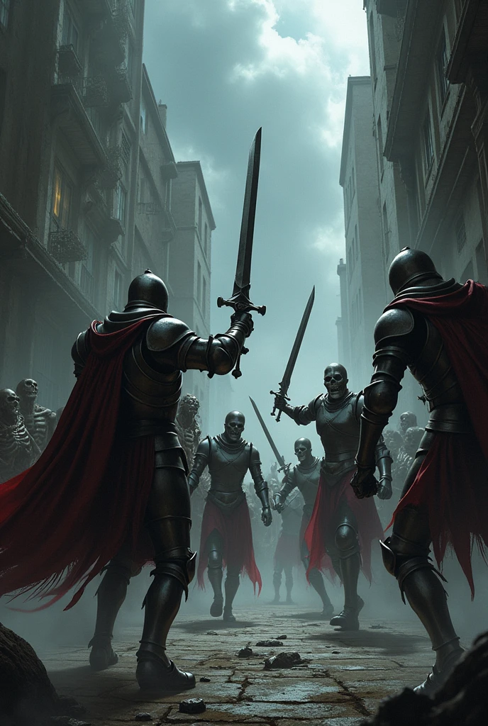 Knights foghting skeletons on a alley