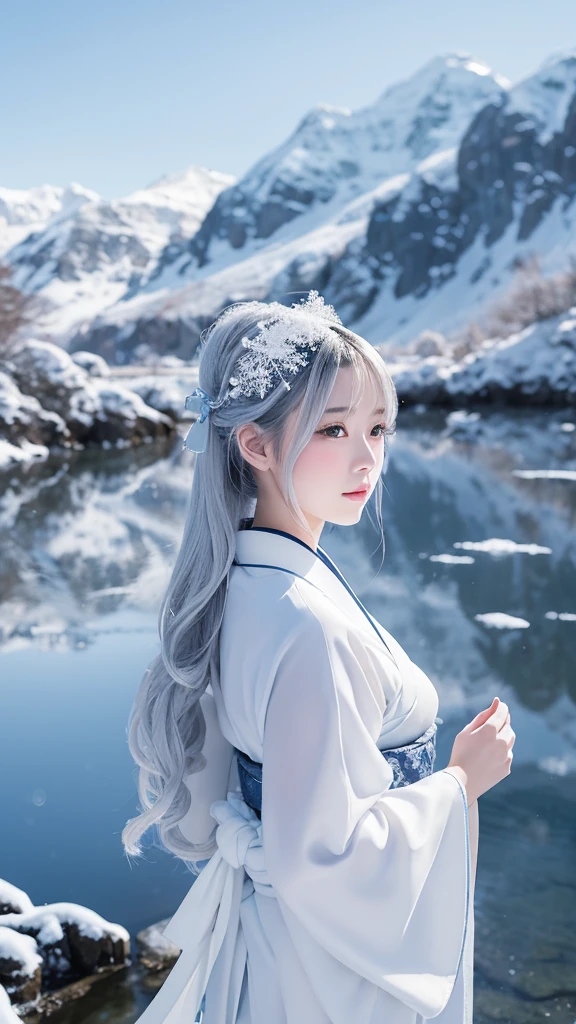 幻想的で魅力的なSnow Womanのイラスト, Characters in Japanese folk tales, With a snowstorm and swirling snowy mountains in the background. She has been a long time, Her silver-and-white hair sparkles in the icy environment.., Make up for her paleness, Almost white and transparent skin. Her eyes are deep and captivating, Reflecting the cold beauty of her surroundings. She is wearing a traditional Japanese kimono., White with subtle blue patterns.。, Blending into the snowy scenery. Snow Woman&#39;The pose is elegant and mysterious.., Embodying the thrilling charm of the snow spirit. The overall atmosphere of the illustration is mysterious and beautiful.., In a snowstorm、Capturing the essence of a legendary figure,