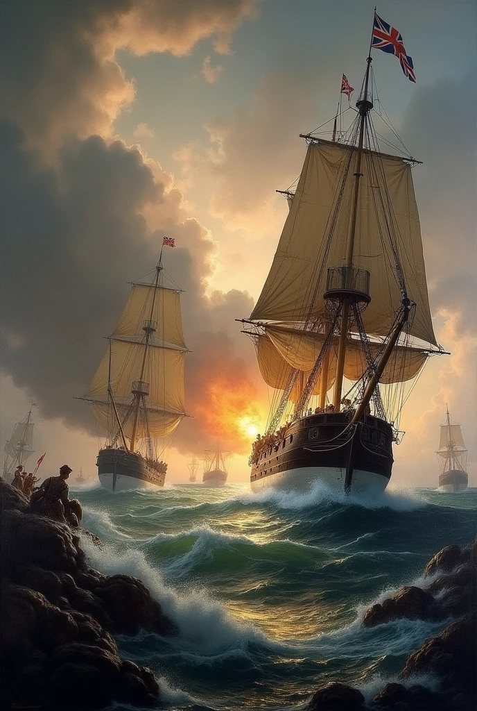 a dramatic scene of the Battle of Trafalgar, a famous naval battle in 1805 between the British and the combined French and Spanish fleets, 19th century historical oil painting, ships under full sail firing cannons, intense battle at sea, dramatic cloudy sky, crashing waves, detailed realistic rendering, cinematic lighting, rich color palette, masterpiece