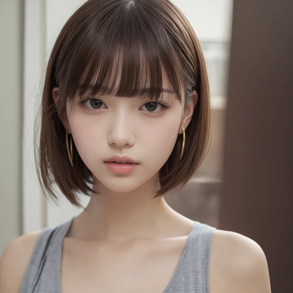 masterpiece, Highest quality, Pixiv, Cool, there are a lot of earrings, Earrings, Dark brown hair, Curly Hair, Blunt bangs, Straight bangs, Grey Eyes, Pale skin, Gal, Improve