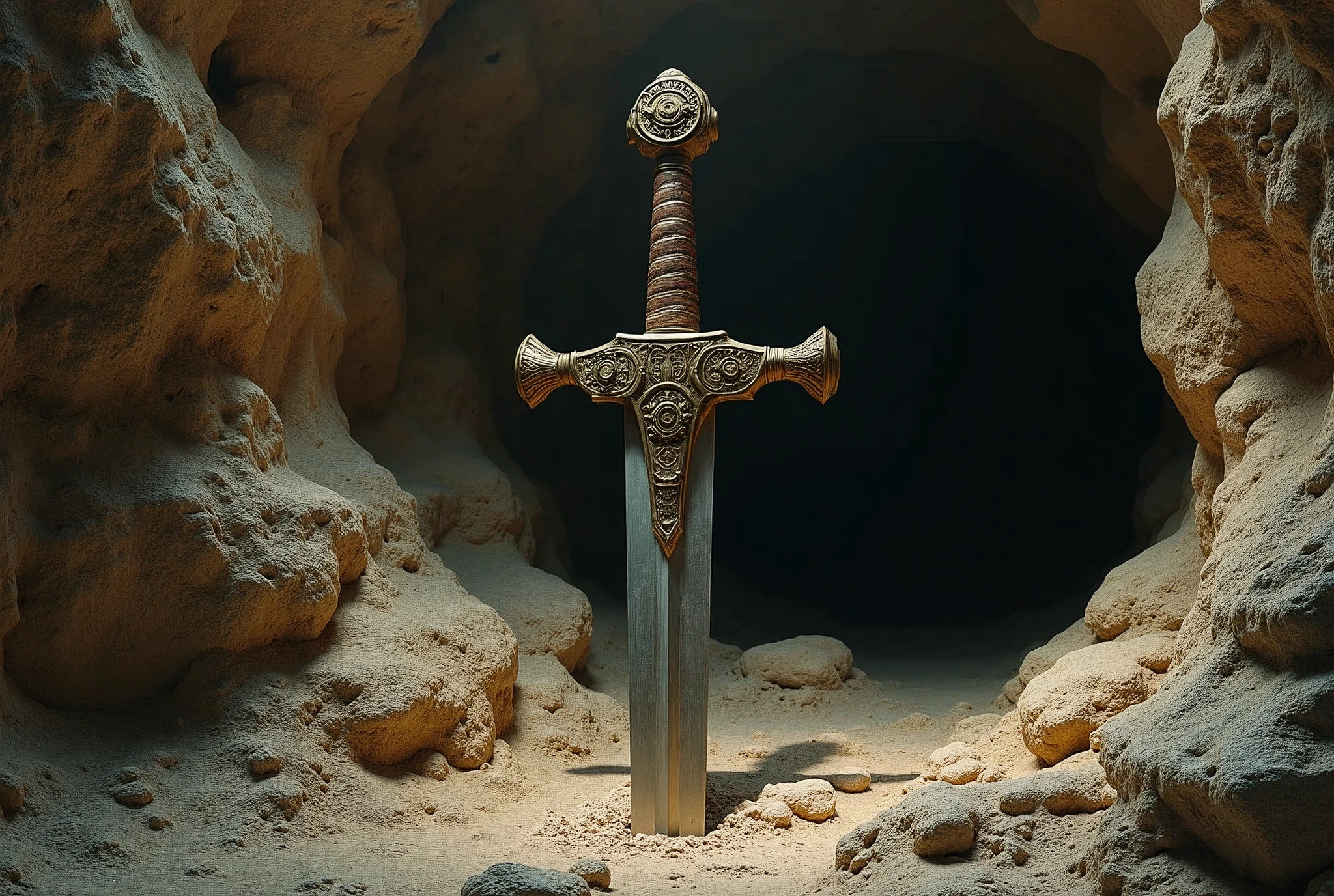 It is believed to be located in the Grotto of the Virgin of the Rocks painted by Leonardo da Vinci.、The sword stuck in the legendary rock（one Crusader Sword、It is said that only those with pure hearts can escape.、 ((Anatomically correct,Surrealism, uhd, retina, accurate, anatomically correct, textured skin, super detail, high details, best quality, 8k))