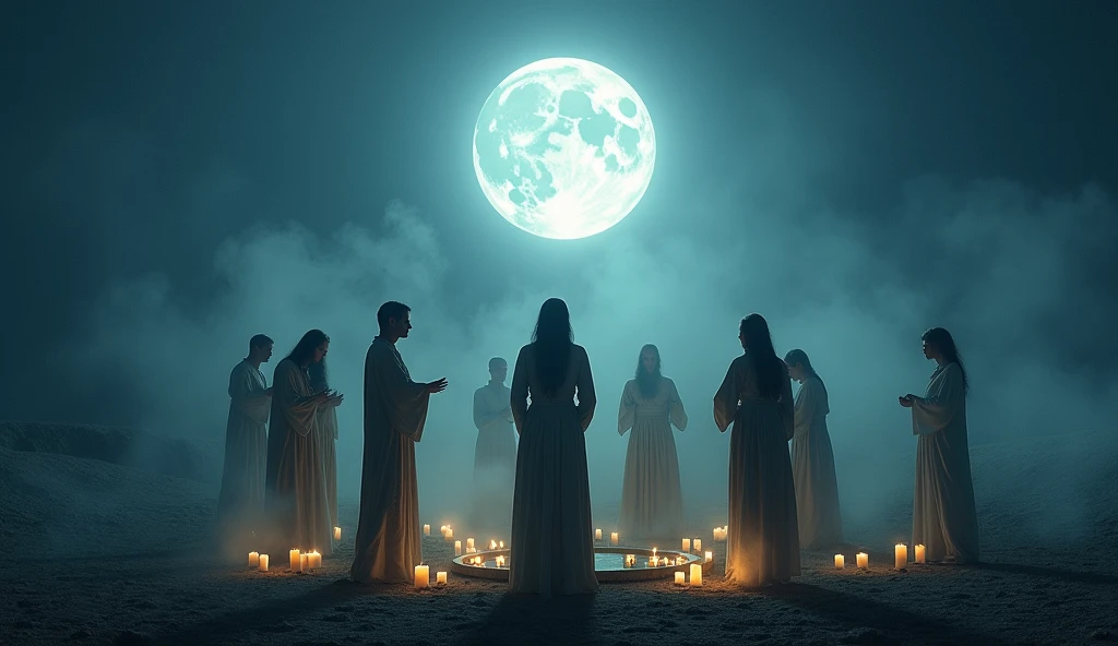A mystical scene featuring a small group of people gathered in a circle under the full moon, performing a ritual. The moonlight should create a magical atmosphere, and the participants should appear focused and connected. The scene should convey a sense of exclusivity and special significance. -ar 16:9