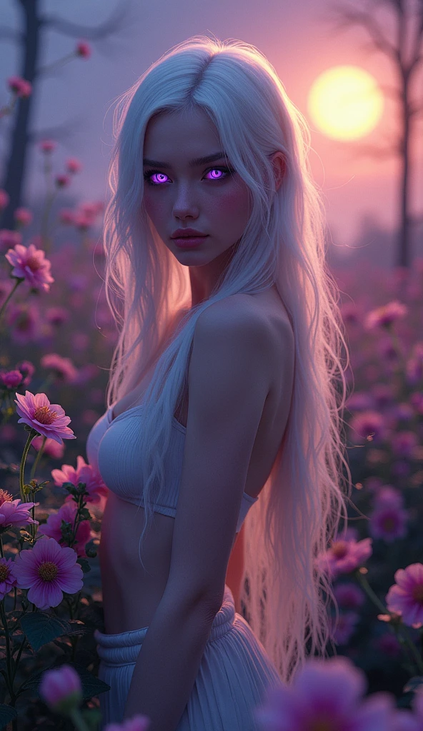 realistic, 1girl, white hair, purple eyes, glowing eyes, crop top, tiny microskirt, parted lips, blush, night, flowers, sun, sunlight,hot, big