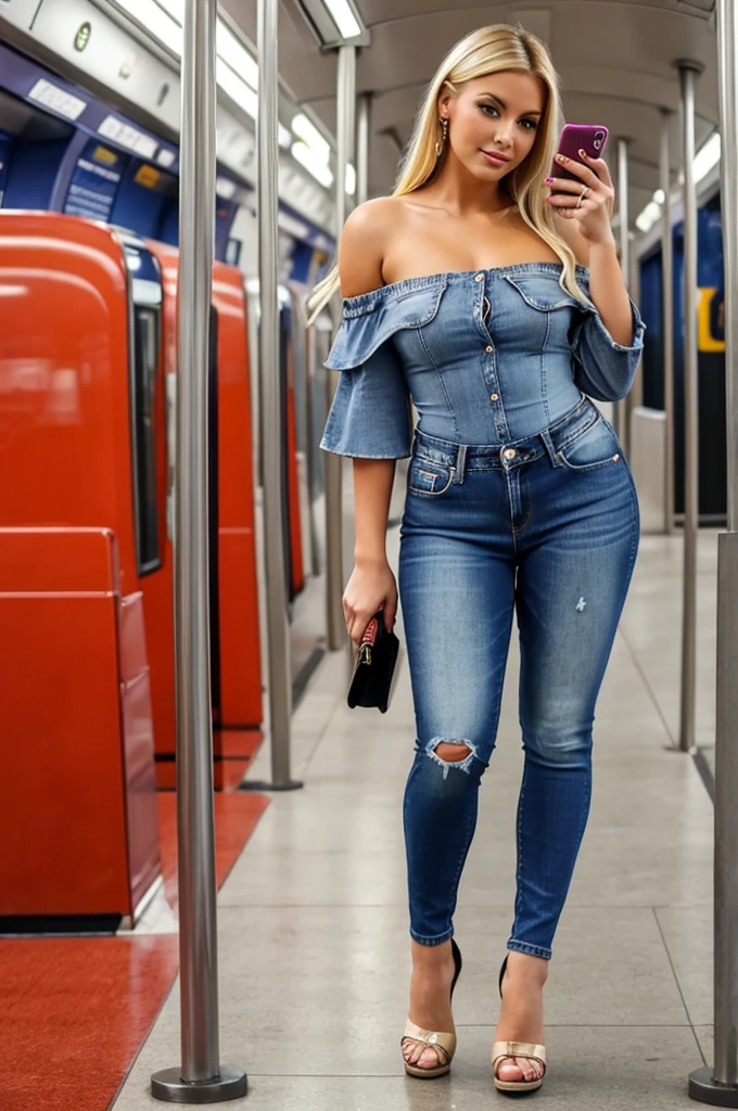 sexy blonde girl, wearing jeans and off shoulder, long shoes, sexy, noce curves, piercing, in metro, standing while holding pole, on phone