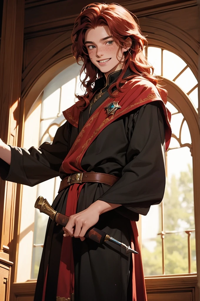 a young man with medium-length red hair, wearing a school costume, holding a wand, looking like a wizard, freckled, with hazel eyes and a cheerful expression, smiling, in a medieval-style classroom, in a magic school, MAGIC, magic circle.