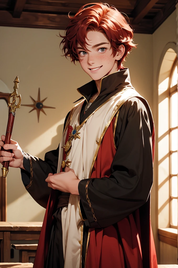 a young man with medium-length red hair, wearing a school costume, holding a wand, looking like a wizard, freckled, with hazel eyes and a cheerful expression, smiling, in a medieval-style classroom, in a magic school, MAGIC, magic circle.