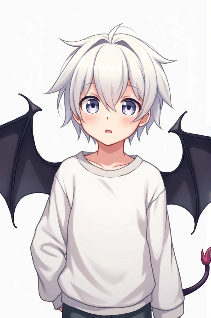 Create a boy with sweatshirt arm white eyes tail arm bat wings white short hair with bangs anime version