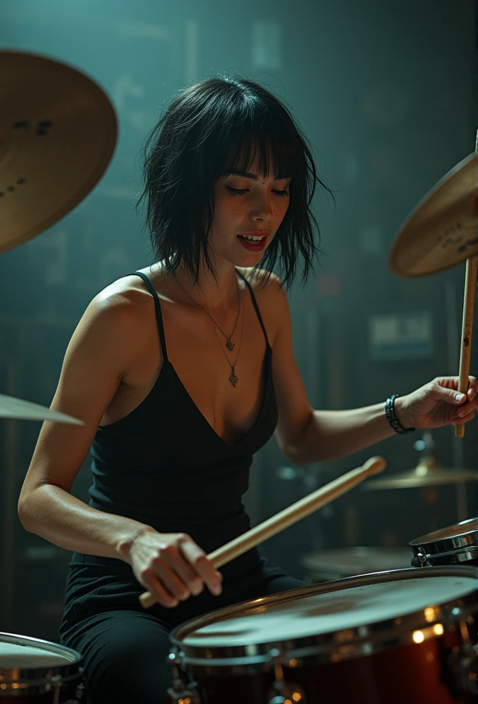 Woman playing drums music, rock, (lean face:1.4), (dehydrated face:1.5), (outcast:1.6), Jasmine short hair