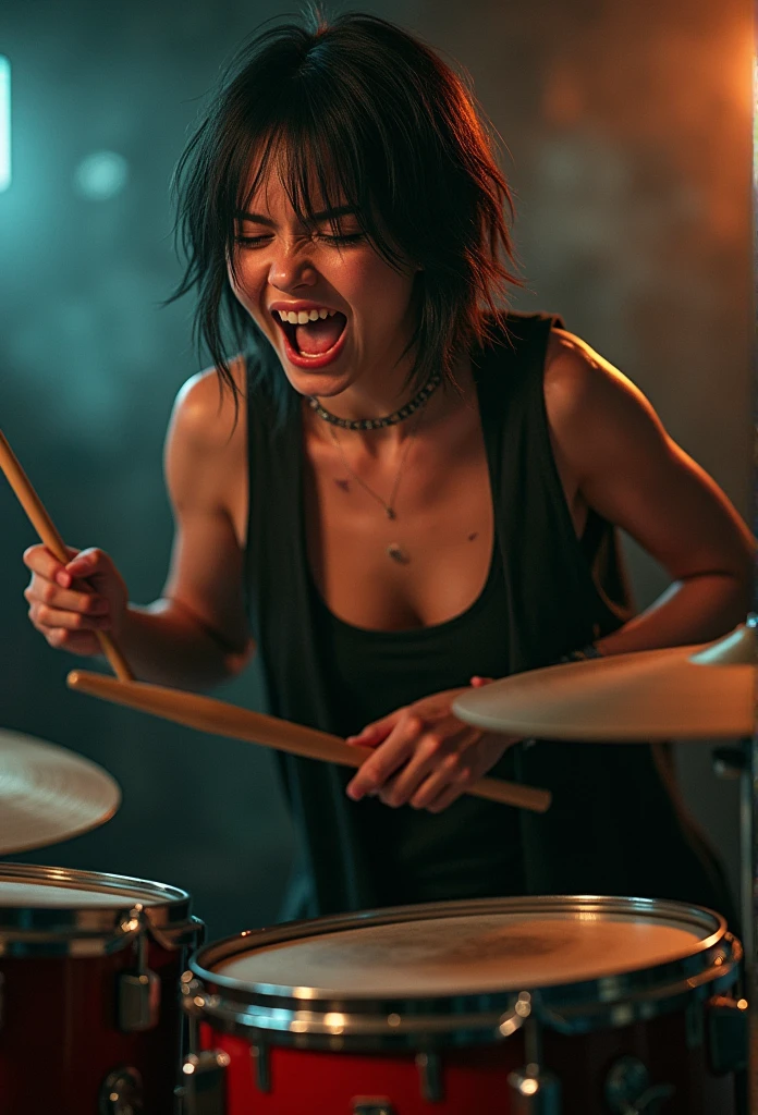 Woman playing drums music, rock, (lean face:1.4), (dehydrated face:1.5), (outcast:1.6), Jasmine short hair