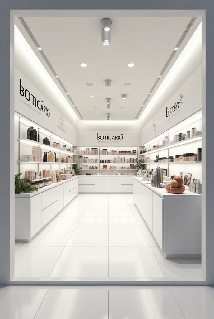 CREATE A STORE WITH OBOTICARIO OFFICES, nature, AVON AND EUDORA MAKE IT SIMPLER, ONLY WITH ELECTRIC LIGHTING REMOVE PLANTS, LEAVE THE SOLE ROOF CLOSED, PLACE THE SIDE WALLS AND CEILING WHITE