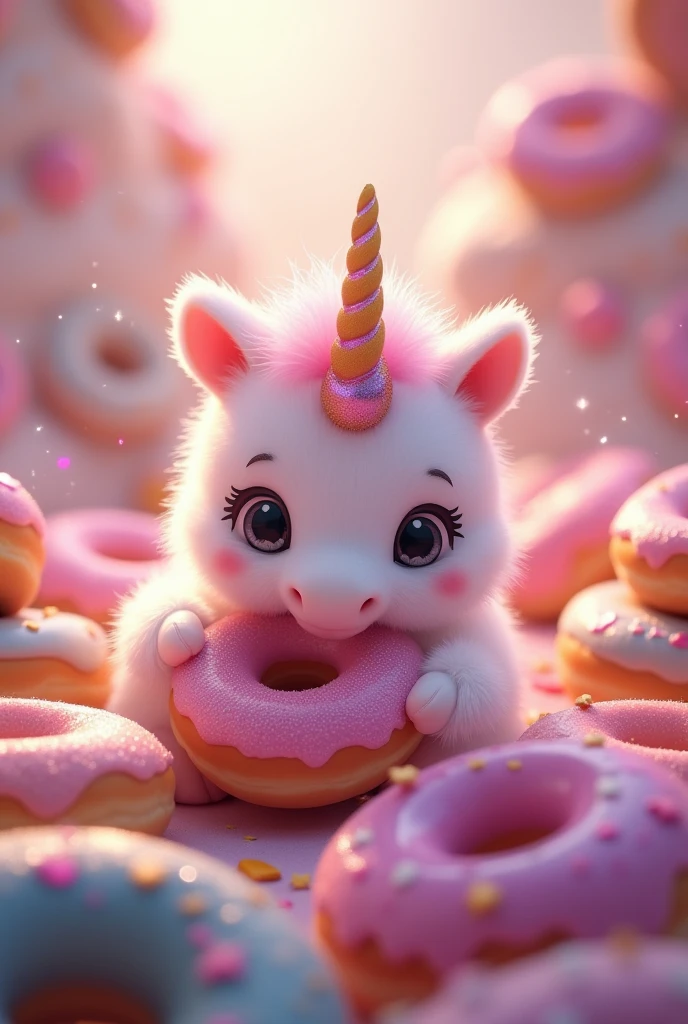 A baby unicorn biting a donut surrounded by many donuts