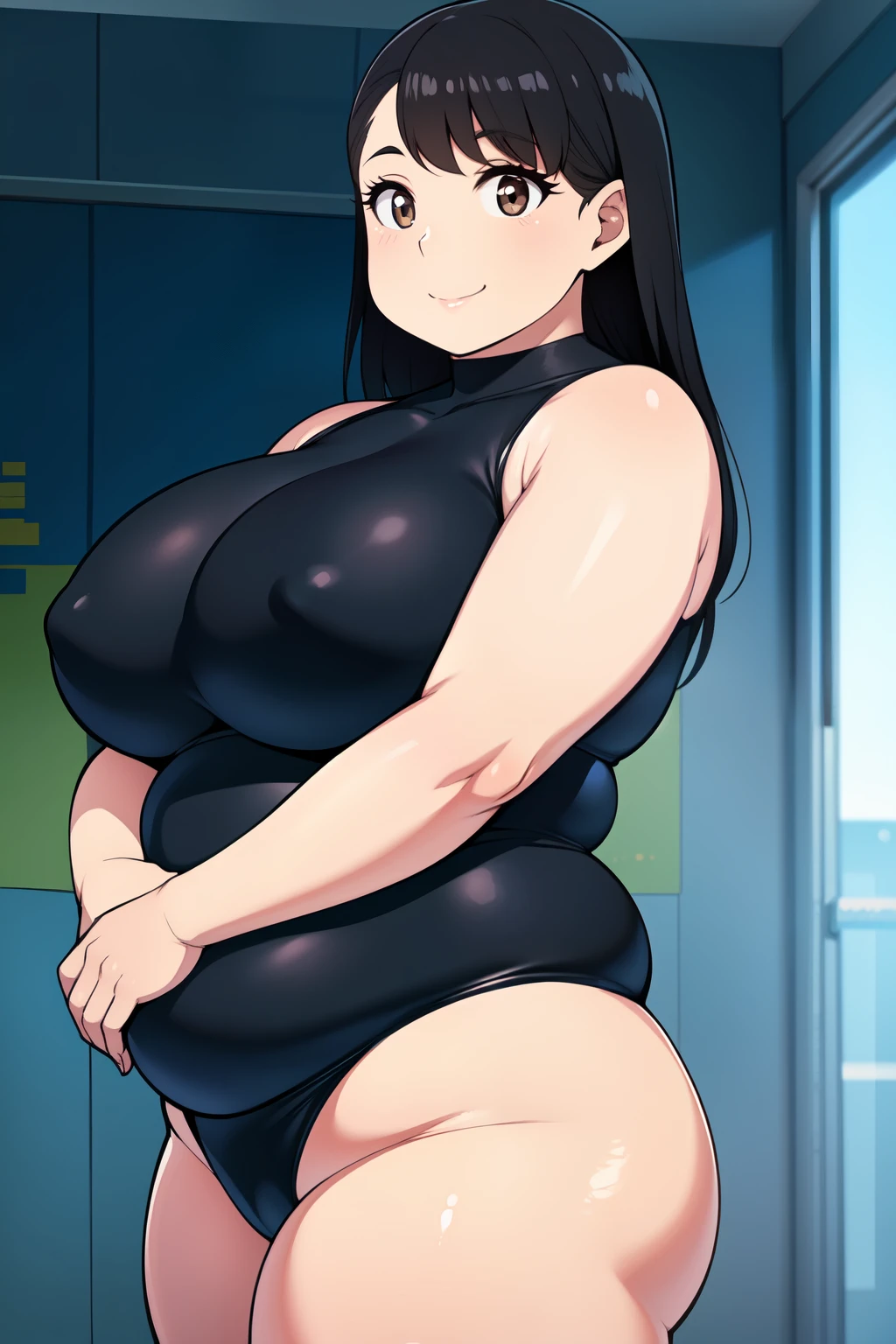 Plump year 21 big breasts black hair brown eyes chubby smile bear girl black leotard longer hair