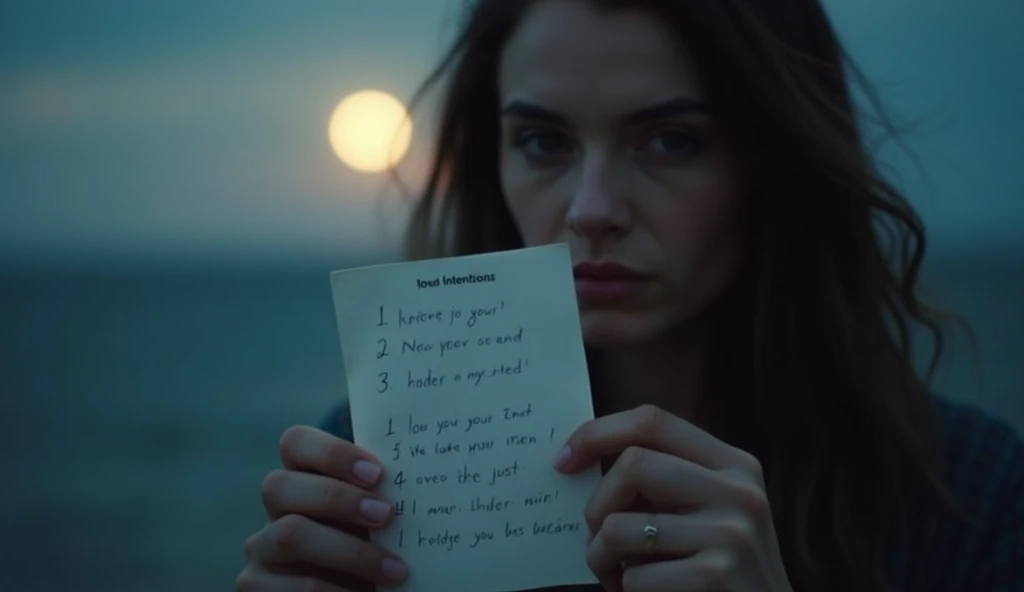 A close-up of a person with a thoughtful expression, holding a piece of paper with written intentions. The full moon is visible in the background, providing a sense of clarity and readiness. The atmosphere should be introspective and personal, highlighting the theme of readiness and self-awareness. -ar 16:9