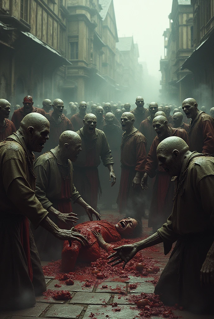 Zombies devoiring peasants in a medieval town
