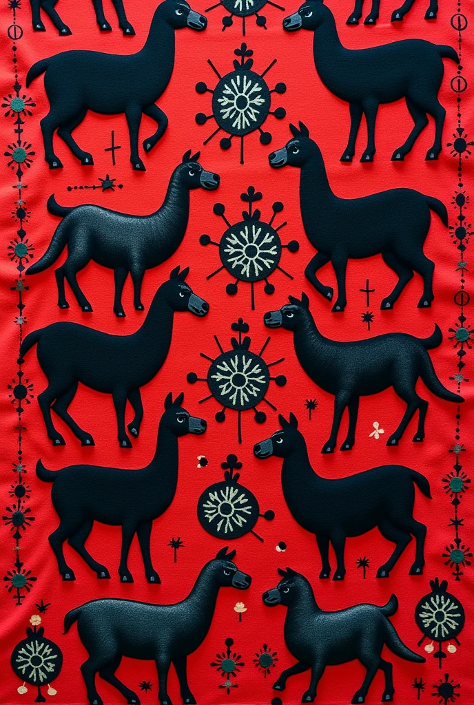 Strip of red aguayo material fabric with details of Bolivian highland animals in black
