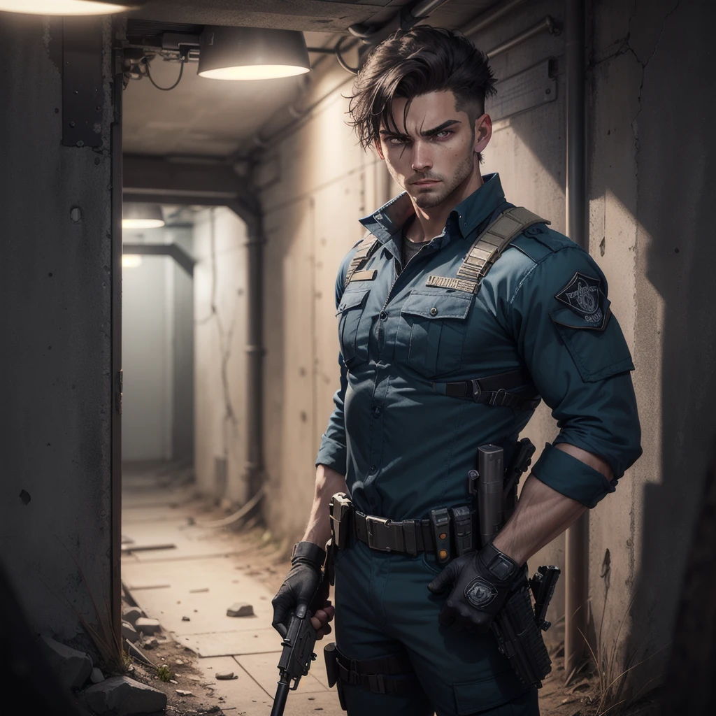 "Create a photorealistic illustration of a striking-looking white man holding a gun in a dark, underground environment.
The man has angular and striking facial features, with intense blue eyes that convey an expression of alert and concern. His dark hair is short on the sides, revealing his masculine beauty. His body is athletic and muscular, wearing a black SWAT uniform that highlights his strength and preparation.
He is in an underground environment, possibly a basement or tunnel, with stone or concrete walls that create a feeling of confinement and isolation. The lighting is dim and shadowy, casting unsettling shadows across the character's tense face.
His posture is tense and prepared, holding a firearm tightly with steady hands, ready to react to an imminent threat. His face reveals an expression of fright and concern, as if he were facing a dangerous situation.
The composition of the scene must convey a sense of urgency and tension, with the man in an alert position, ready for action. The lighting and color palette should create an oppressive and threatening atmosphere, accentuating the character's vulnerability.