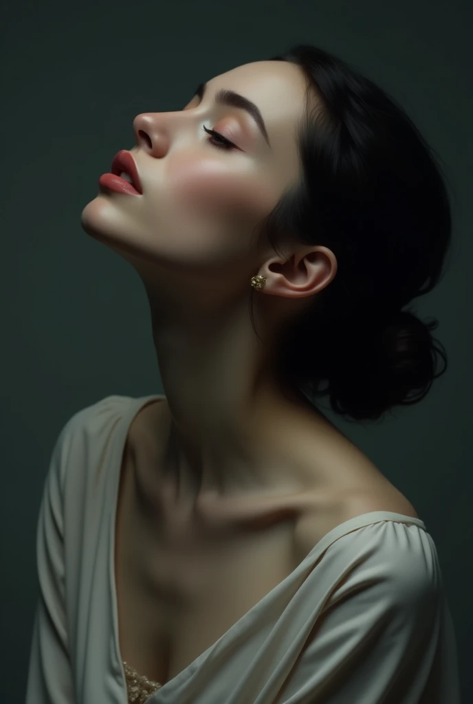 The upper body of a woman looking up from a 45-degree angle。
