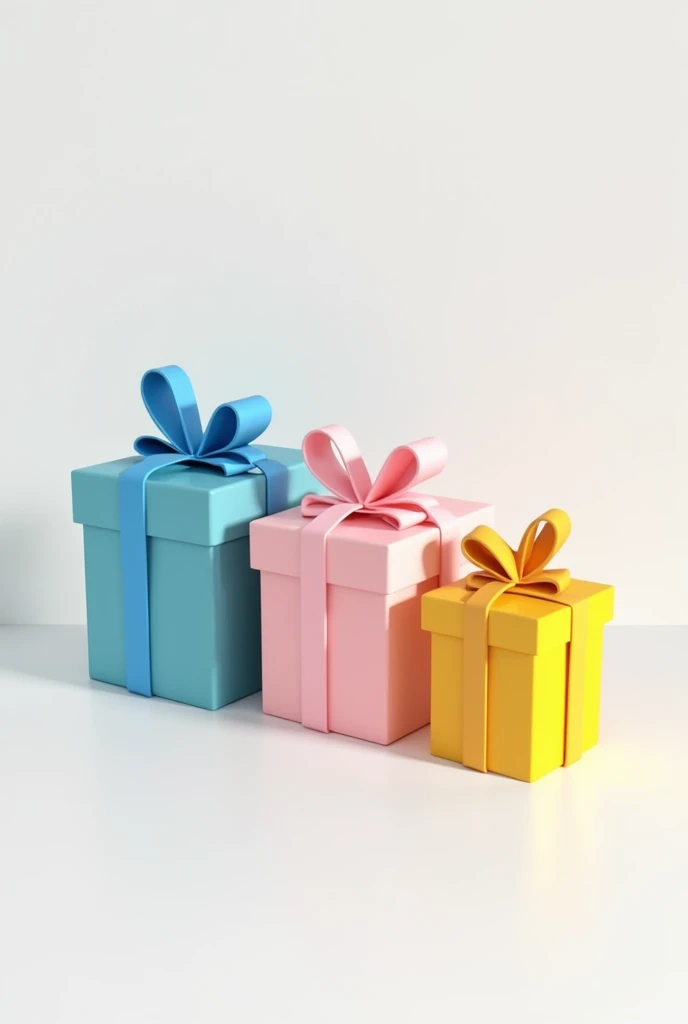 Put three gift boxes next to each other. A blue one, a pink and a yellow one. They must be 3d. Use white background 