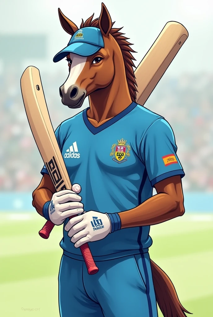 man with horse head, wearing a blue jersey and a blue cap, with human hands and legs, holding a cricket bat in hand, anime style