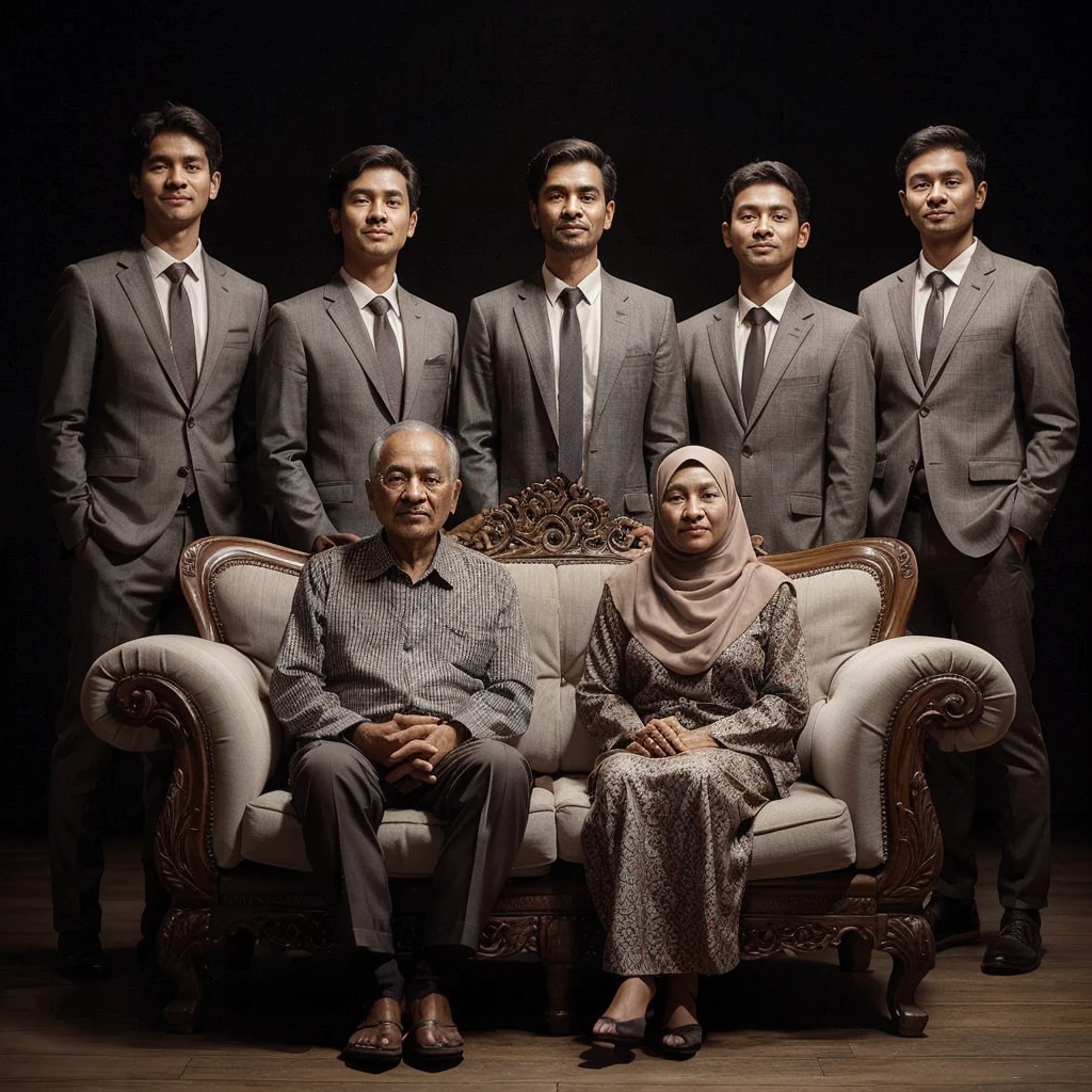 Reals, 7 people in studio photo mode, consisting of a Muslim husband and wife couple aged 70 years with thin bodies sitting on classic teak carved sofa chairs, behind them standing 5 men with a height of 170 cm and a person who is 167 cm tall and is 45 years old. They posed for family photos wearing batik clothes from Java, Indonesia, the atmosphere was full of love and warmth, their faces facing the camera, the background was black, a combination of gray and a little light.
