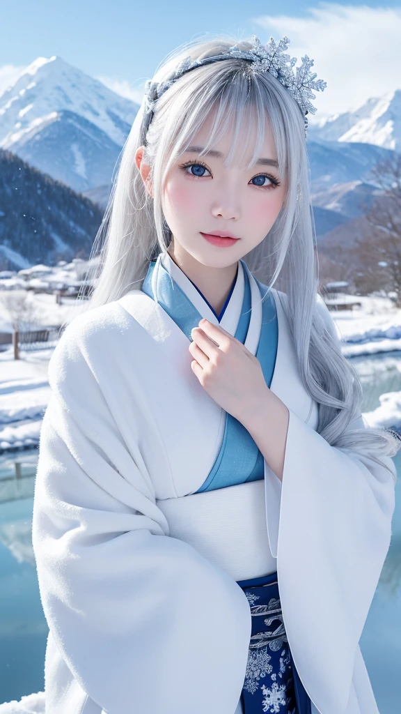 幻想的で魅力的なSnow Womanのイラスト, Characters in Japanese folk tales, With a snowstorm and swirling snowy mountains in the background. She has been a long time, Her silver-and-white hair sparkles in the icy environment.., Make up for her paleness, Almost white and transparent skin. Her eyes are deep and captivating, Reflecting the cold beauty of her surroundings. She is wearing a traditional Japanese kimono., White with subtle blue patterns.。, Blending into the snowy scenery. Snow Woman&#39;The pose is elegant and mysterious.., Embodying the thrilling charm of the snow spirit. The overall atmosphere of the illustration is mysterious and beautiful.., In a snowstorm、Capturing the essence of a legendary figure,