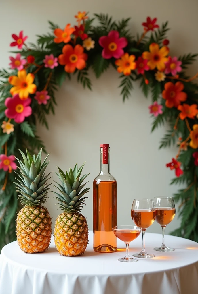 A display table, with a white tablecloth,  with pineapple wine and two pineapples and three small glasses, one on each side of the wine, with an arch decorated with tropical flowers