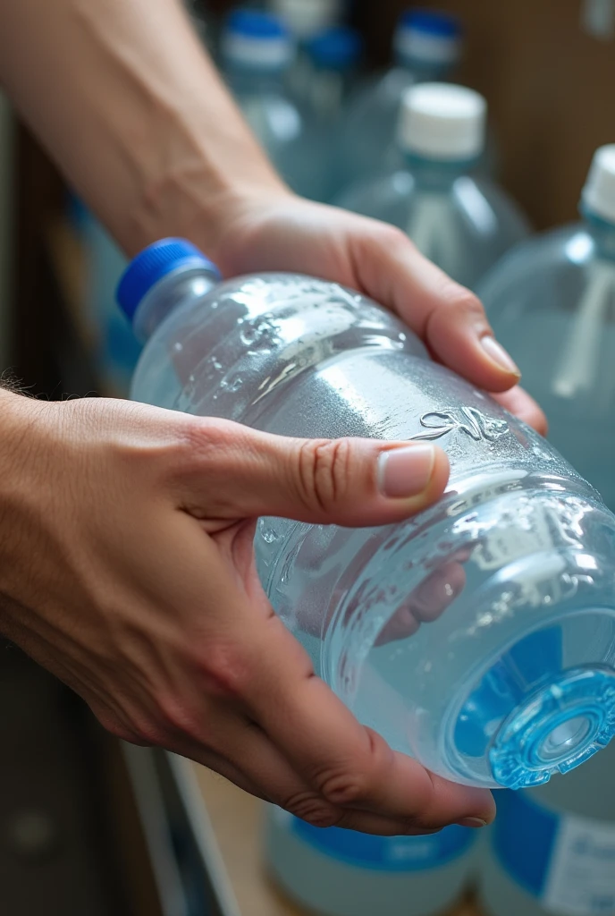 action of compressing plastic bottles flat