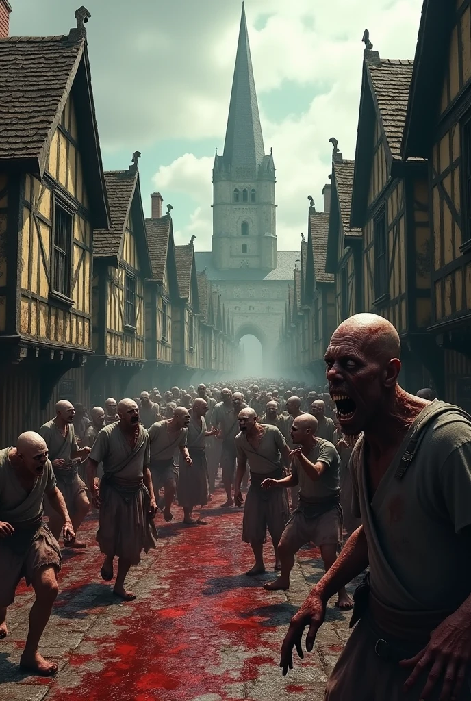 Zombies devouring peasants in a medieval town