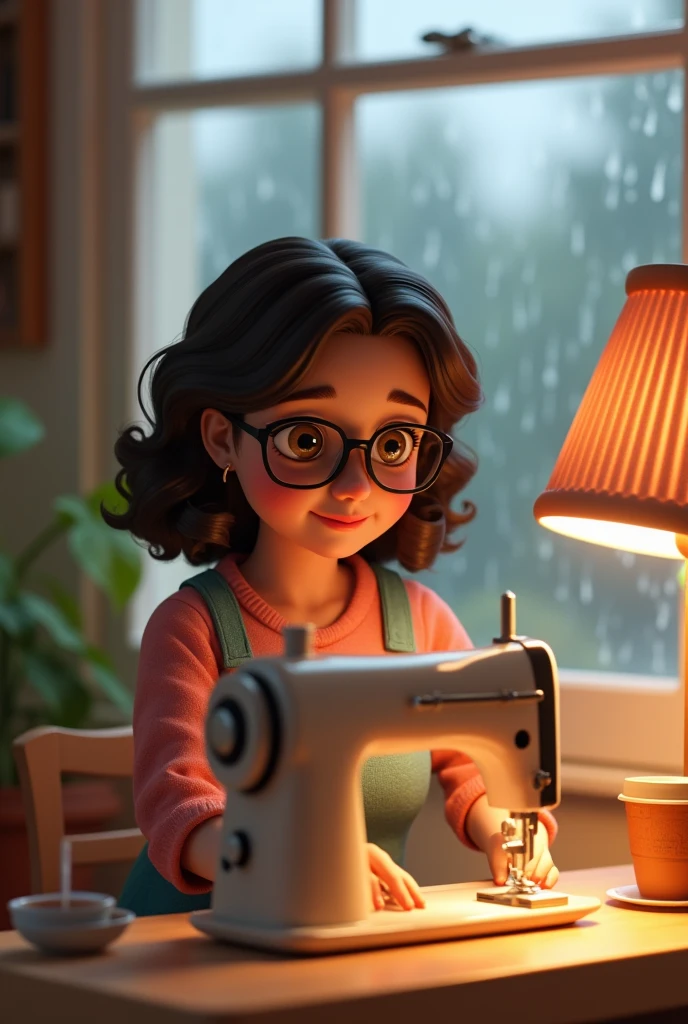 An animated brunette seamstress doll, gorda, with glasses, shoulder length hair and curls, dark brown color, sitting sewing on the sewing machine with a coffee and in front of a window where you can see the rain