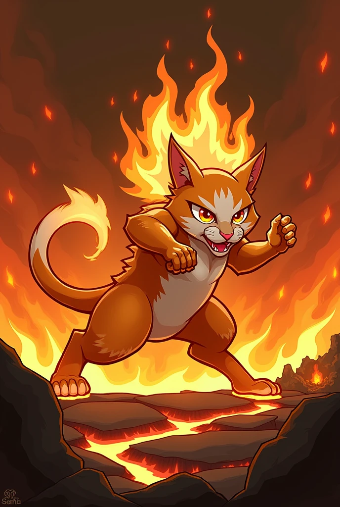 Design a 2D stylized illustration of 'Ignis,' a cat-like creature embodying the fire element. Ignis should be depicted in an aggressive, attacking pose, with flames subtly integrated into its design. The background should feature a fiery landscape with embers, glowing lava, and dark, smoldering rocks, creating a dynamic environment that emphasizes Ignis’s fiery nature. The scene should be both intense and visually cohesive, capturing the power and heat of the fire element