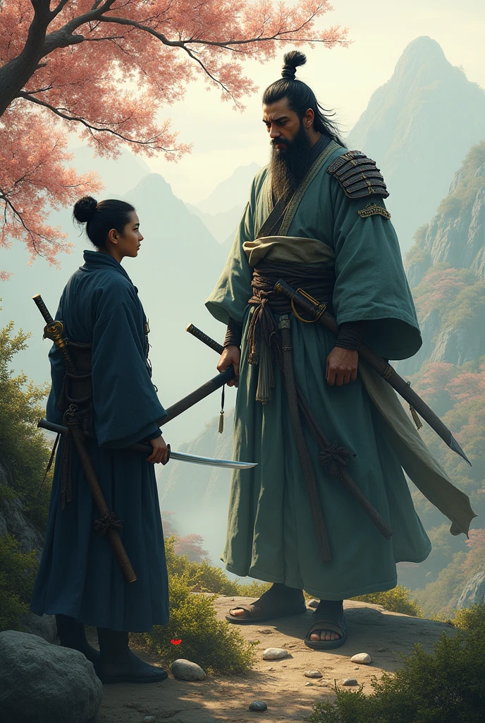 Samurai master and student saying goodbye 
