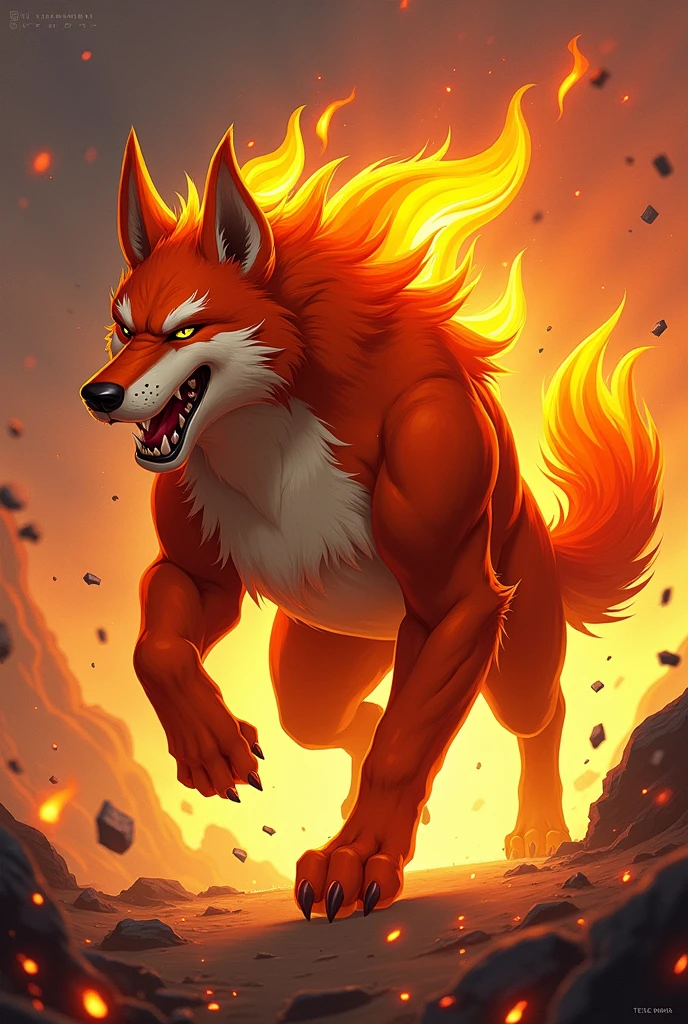 Design a 2D stylized illustration of 'Pyro,' a dog-like creature representing the fire element. Pyro should be in a dynamic, action-oriented pose, with flames subtly incorporated into its fur. The background should feature a fiery environment with sparks, ash, and a backdrop of glowing magma, creating a striking contrast that highlights Pyro’s power. The scene should feel alive with movement, reflecting the energy and intensity of the fire element.