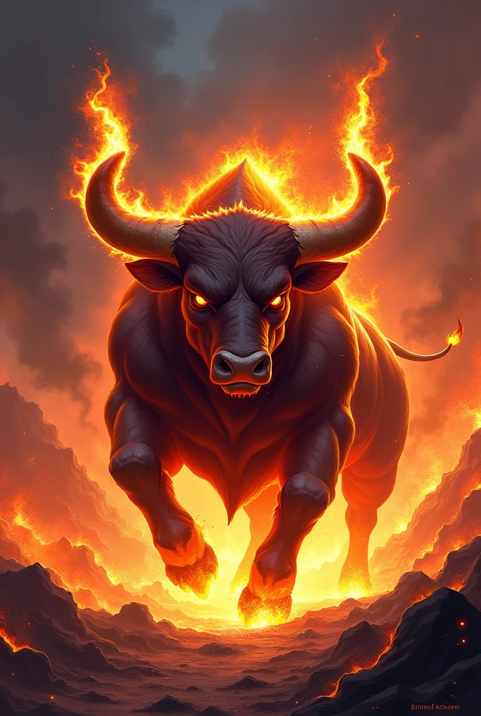 Design a 2D stylized illustration of 'Blaze,' a bull-like creature with fire elemental powers. Blaze should be shown in a powerful, charging pose, with glowing cracks along its horns and flames integrated into its design. The background should feature a volcanic landscape with erupting lava, intense heat waves, and a sky filled with ash, creating a dramatic and powerful scene that reflects the strength of the fire element.