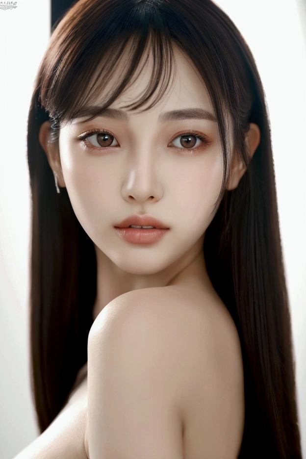 8K, high resolution, Best quality, masterpiece:1.2), RAW photogragh of Korean girl, cute, neat and beautiful girl,, Large breasts, Detailed face, (Natural skin texture, Detailed skin, Hyper-realism, ultra-sharpness), back light, (Photorealsitic:1.4), white medium hair mixed with black, a small face, highlights in the eyes, Light white eyes, Gloss on lips, Distinct double eyelids, face perfect, bangs. Lute from Hazbin Hotel.