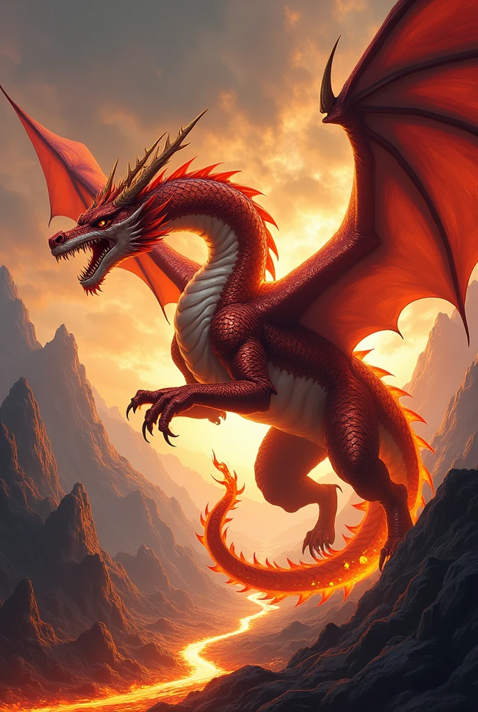 Design a 2D stylized illustration of 'Draco,' a dragon-like creature with fire elemental powers. Draco should be depicted in a fierce, mid-flight attacking pose, with flames erupting from its wings and mouth. The background should feature a dramatic volcanic scene with lava flows, fiery skies, and swirling ash, emphasizing the dragon's dominance over the fiery landscape. The overall composition should be bold and powerful, reflecting the might of the fire element.