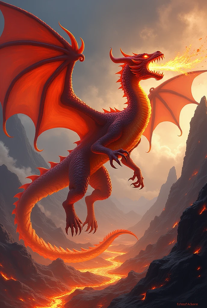 Design a 2D stylized illustration of 'Draco,' a dragon-like creature with fire elemental powers. Draco should be depicted in a fierce, mid-flight attacking pose, with flames erupting from its wings and mouth. The background should feature a dramatic volcanic scene with lava flows, fiery skies, and swirling ash, emphasizing the dragon's dominance over the fiery landscape. The overall composition should be bold and powerful, reflecting the might of the fire element.