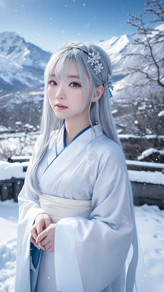 幻想的で魅力的なSnow Womanのイラスト, Characters in Japanese folk tales, With a snowstorm and swirling snowy mountains in the background. She has been a long time, Her silver-and-white hair sparkles in the icy environment.., Make up for her paleness, Almost white and transparent skin. Her eyes are deep and captivating, Reflecting the cold beauty of her surroundings. She is wearing a traditional Japanese kimono., White with subtle blue patterns.。, Blending into the snowy scenery. Snow Woman'The pose is elegant and mysterious.., Embodying the thrilling charm of the snow spirit. The overall atmosphere of the illustration is mysterious and beautiful.., In a snowstorm、Capturing the essence of a legendary figure,